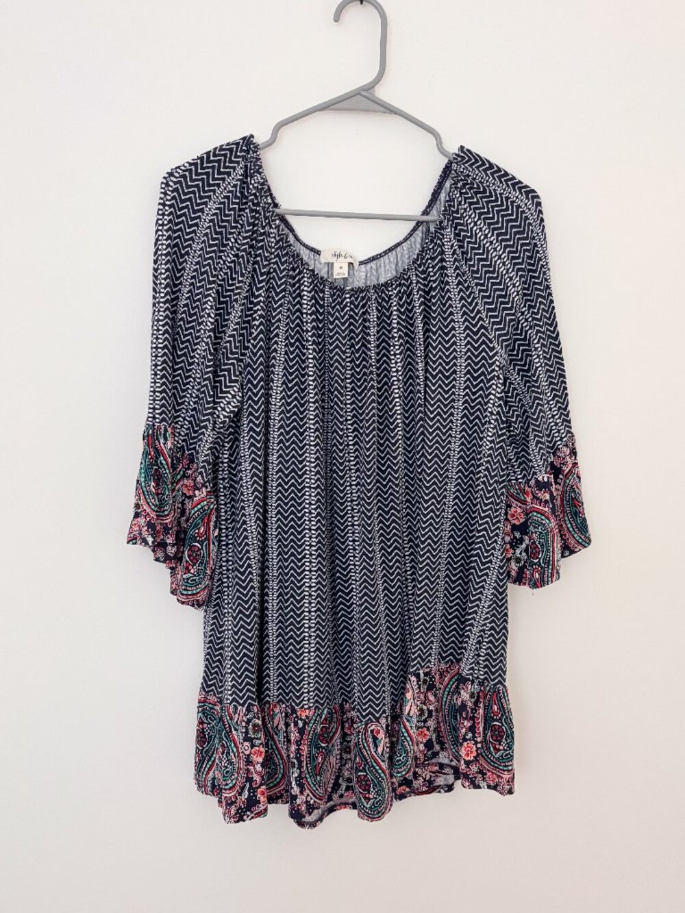 Style & Co 2X Boho Paisley Chevron Tunic Top Peasant Blouse